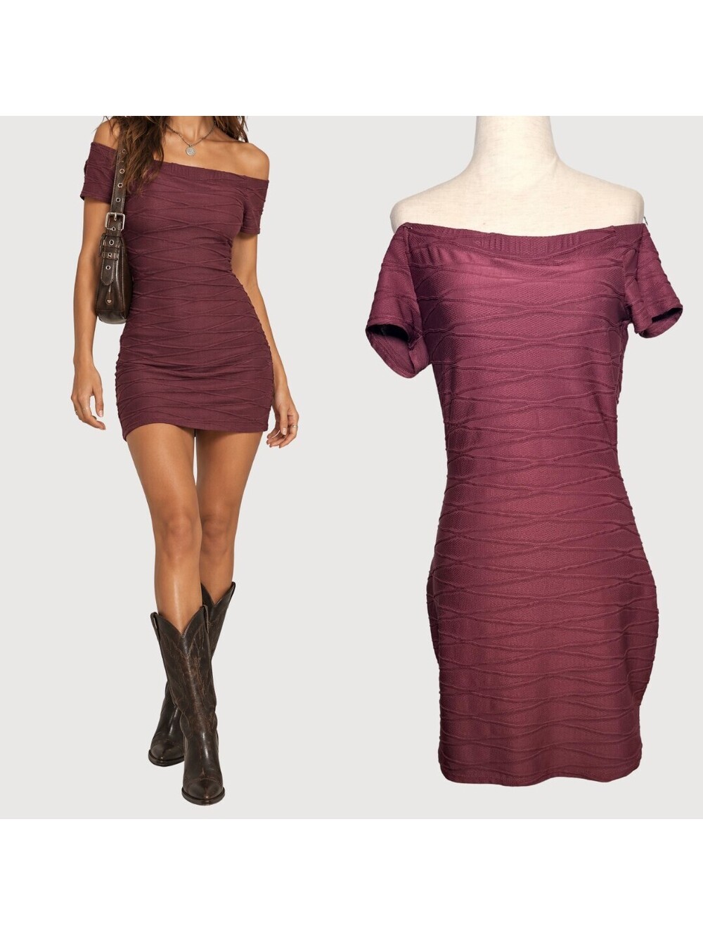 True Religion Y2K Off Shoulder Bodycon Mini Dress Plum L